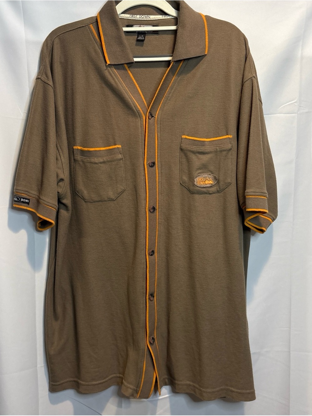 Men's Brown Short-Sleeve Button-Down Shirt with Orange Trim